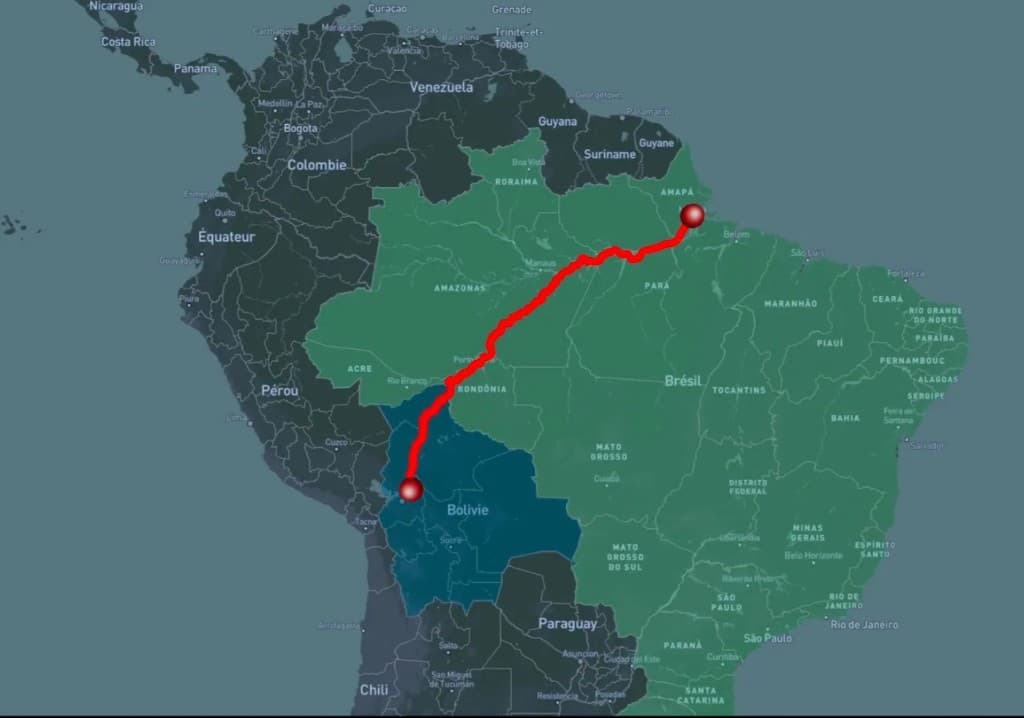 Carte de l'itinéraire de l'expédition Pipilintu, de la Bolivie à Macapá au Brésil